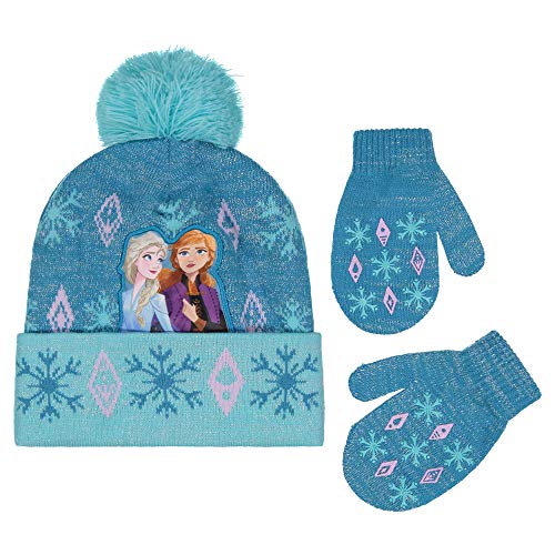 Disney Girl Kids Winter Hat Gloves Set, Frozen Elsa and Anna Toddler Beanie, Blue, Mittens, Age 2-4