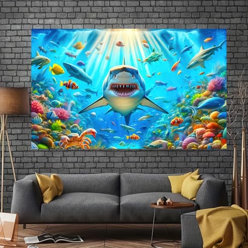 Image of Shark Fish Ocean Theme Birthday Banner - 71x43 Inch Polyester Ocean Decorations Photography Backdrop Ideal for Party Decorations Events Indoor Outdoor Use by BlissYard
