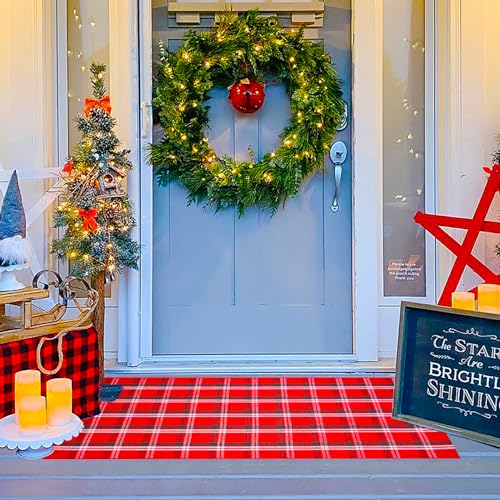 Ckorzen Red and Green-White Plaid Rug,2' x 4'3" Christmas New Year Holiday Outdoor Front Door Decor Mat, Cotton Hand-Woven Washable Rug for Layered Door Mats Carpet for Porch, Entryway