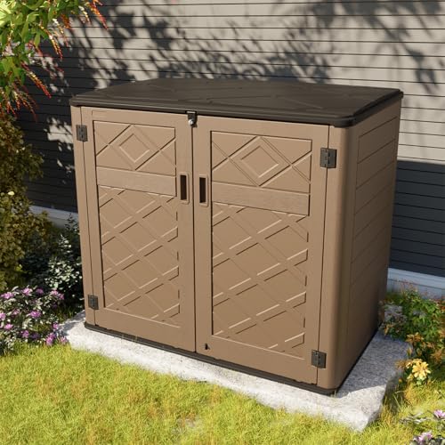 Image of KINYING Larger Outdoor Storage Shed Weather Resistance, Resin Sheds & Outdoor Storage for Garden, Patios, Backyards, 48 Cu.Ft Tool Shed for Garbage Cans, Lawn Mower, Garden Tools,Brown
