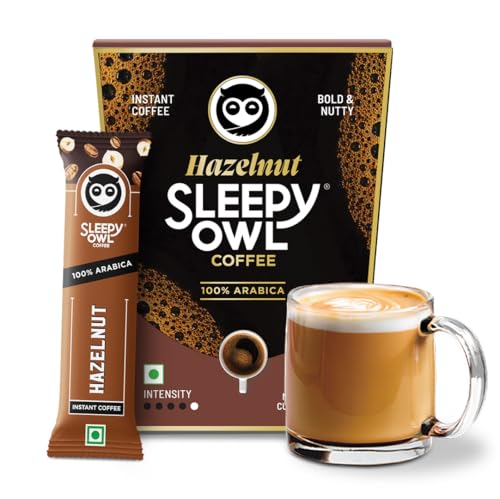 Sleepy Owl Hazelnut Freeze Dried Coffee Sachets | 20g - Pack of 10 x 2g Instant Coffee Powder Sachets | 100% Arabica Beans | Aromatic Coffee Pouch | Rich & Smooth | Easy to Use & Carry