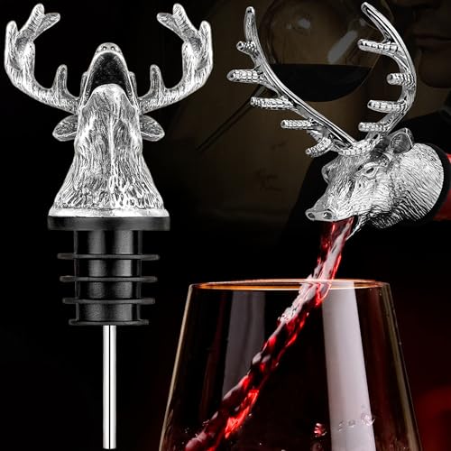 MINGZE Cabeza de Ciervo Vertedor de Vino, Aleación de Zinc Tapones de Botellas Stag Wine Bottle Stopper Pourer Tapón Herramientas de la Barra únicos (Plata)