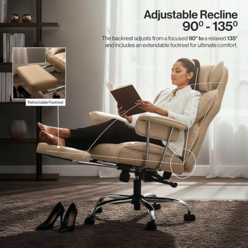 Image of DROGO Premium Leatherette Ergonomic Office Chair for Work from Home, Desk Computer Chair with Spacious Cushion Seat, Soft Armrest, Head & Lumbar Support (Cream)