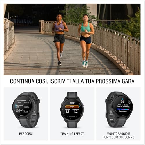Forerunner 165, Smartwatch per la corsa, 43mm, GPS, Cardio, VO2max, Report mattutino, HRV Status, Piani gratuiti 5K, 10K e 21K, Training Readiness, Pay (Black & Slate Gray) - Gadget - Immagine 3