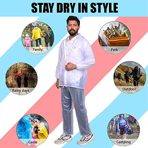 Image of Allextreme Crystal Men Raincoat with Adjustable Hood waterproof Reusable Rainwear Drawstring Hem Set of Top & Bottom with Carrying Pouch (XXL)