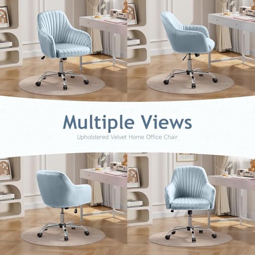 Image of AZAKEE Velvet Office Chair with Wheels & Armrests - Mid-Back Swivel Desk Chair for Home Office, Study, Bedroom & Vanity - Adjustable Height, Comfortable & Stylish (Grey)