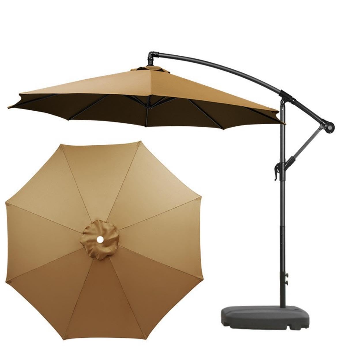 SKY-TOUCH 3M Patio Umbrella: 8 Ribs Offset Hanging Sun Shade Umbrella with Adjustable Height and Tilt Angle Fade Resistant Recycled Fabric Canopy for Yard Garden (Cross Base with Water Tank, Beige)