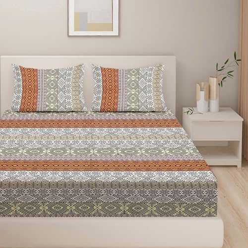 Image of Swayam Pure Cotton Double Bedsheet with 2 Pillow Covers | Size 90 x 100 inch | 160 TC | Ethnic Motifs Design | Soft Breathable Bed Sheet | Comfortable & Durable for Bedroom - Brown
