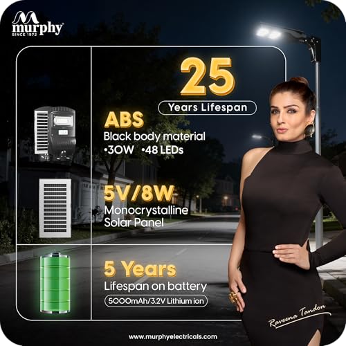 Image of Murphy 30W Solar Street Light | Light Output Equivalent to 6W LED | 48 SMD LEDs | 5Ah Battery | Dusk to Dawn Auto On /Off | Motion Sensor | IP65 Waterproof | Cool White | ABS Body | 1 Year Warranty