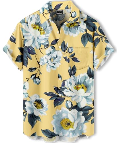 Men's Hawaiian Floral Shirt, Short Sleeve Button Down, Yellow with Blue Flowers, Regular Fit