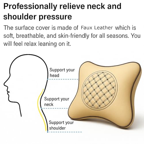 Image of AdroitZ Faux Leather 𝗨𝗡𝗜𝗩𝗘𝗥𝗦𝗔𝗟 Car Neck Rest Pillow | Premium Embroidery Cushion Neck Pain Relief | Head Rest Support for Long Drives | Headrest Interior Seat Accessories for All Cars(Set of 2)