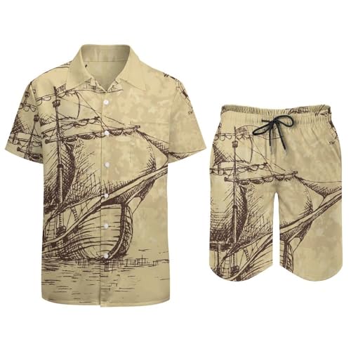 Mens White Tile Texture Hawaiian Short Sleeve Button Down Shirt And Shorts Suits 2 Piece,3