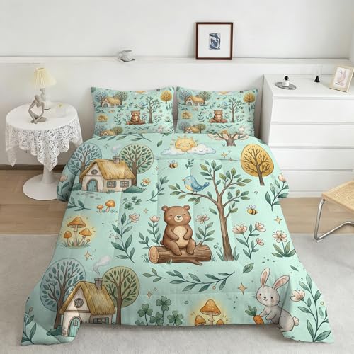Image of Cute Woodland Animal Comforter Set Full Size, Bear and Rabbit Print for Kids Boys Girls Teens, Soft Microfiber Room Decor 1 Comforter 2 Pillowcase