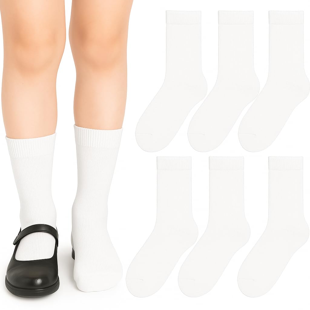 (6 pares) calceltines escolares para niña-niño blancos de algodon uso colegio, deportes, casual unisex, calcetin para uniforme escolar semialtos, medias (FR/ES, Números, 12, Regular, BLANCO 29-32)