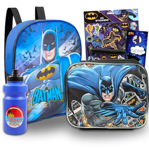 DC Comics Batman Backpack and Lunch Box Set - Mini Batman Backpack for Toddlers Bundle Includes 11