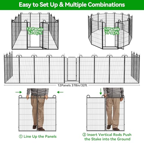 Image of Dog Playpen Outdoor 12 Piece Panels Heavy Duty Dog Fence 47 inch Height | Anti-Rust Pens with Doors Portable for RV Camping Yard, Total 27FT, 58 Sq.ft, Snowy Black