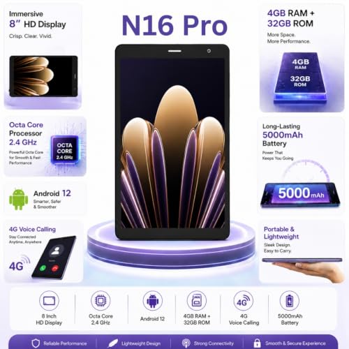 Image of IKALL N16 Pro Smart Tablet - 8 Inch HD Display, Octa Core Processor, 4GB RAM + 32GB ROM, Android 12, 4G Voice Calling, Long-Lasting 5000mAh Battery (Grey)