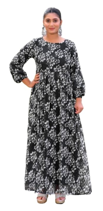 Black Georgette Fabric with Crape Lining for no Transparency Umbrella Pattern Floral Print Bishop Sleeves with Elastic Cuffs Puff Sleeve Pattern Without Dupatta-image-17