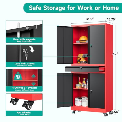 Image of SISESOL Metal Storage Cabinet with Wheels and Drawer,Rolling Garage Storage Cabinet with Lock,Black Red Metal Cabinets with Wheel,73 inch Mobile Tall Tool Cabinets on Wheel for Home,Office,Garage,Shop