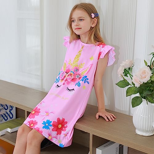 Lqsz Girls Nightgowns Flowers Unicorn Nightdress Nightie Sleepwear Pajamas Flutter Short Sleeves Nightgown For Girls 6 7T #TOP2