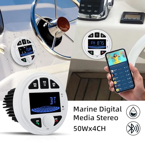 Image of 3 Inch Marine Radio Bluetooth Stereo Audio Waterproof Boat Radio FM AM USB | LEXXSON LCD Display Golf Cart Marine Stereo Receivers Audio Systems for RV UTV Yacht AUX Subwoofer White