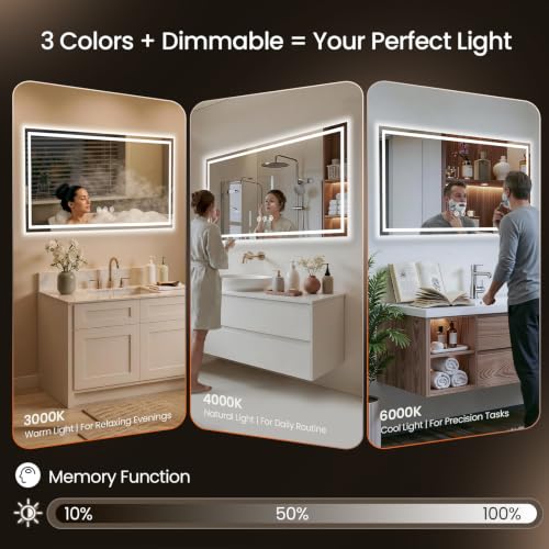 Image of 48x36 LED Bathroom Mirror with Anti-Fog, Backlit & Front Lit, Memory | Stepless Dimmable 3 Color CRI 95+ Shatterproof Tempered Glass ETL Listed for Safety Lighted Bathroom Vanity Mirror for Wall