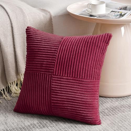 Image of Fancy Homi 2 Packs Burgundy Samll Decorative Throw Pillow Covers 14x14 Inch with for Couch Bed Sofa, Rustic Farmhouse Boho Home Decor, Soft Corss Patchwork Corduroy Square Cushion Case 35x35 cm