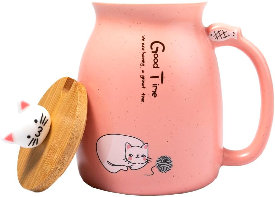 Kawaii Cat Mug 450 ml Pink with Lid and Spoon