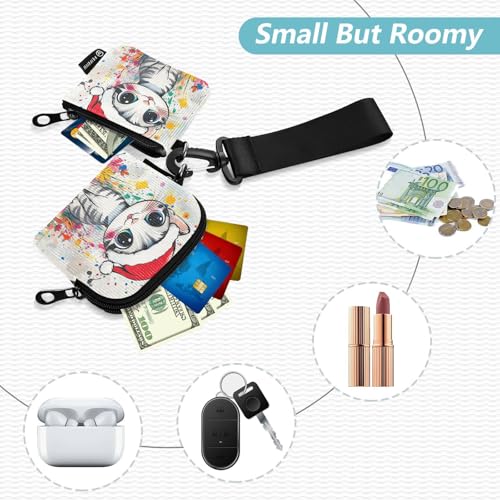 Cartoon Cute White Merry Christmas Cat Women's Wallets Card Cases Slim Portable Key Chain Wallet Change Purse with Zipper Pocket for Lady 2 Pcs2