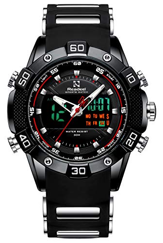 Tonnier Reloj deportivo para hombre con pantalla LED digital y de cuarzo, analógico, de doble movimiento, cronógrafo, militar, resistente al agua, negro, Pulsera Cover