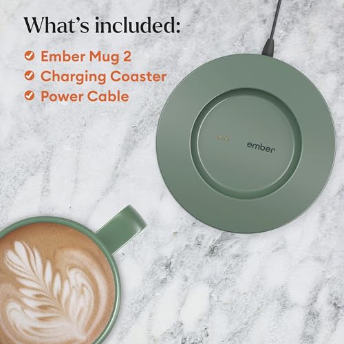 Image of Ember Temperature Control 14oz Smart Mug 2, App-Controlled and Rechargeable Heated Coffee Cup Warmer with Intelligent LED Display, Sage Green.