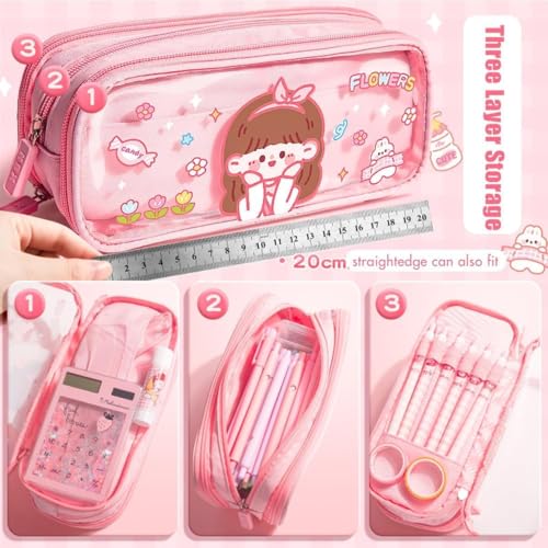 Image of Kawaii Cute Pencil Pouch with Push Pull Eraser Set for Kids,Premium Canvas Zipper Stationery Organizer Box with Cartoon Design | School Supplies Gift Combo for Boys & Girls (Cute Bunny + Eraser)