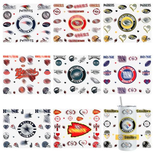 UV DTF Cup Wraps for 20 OZ,9 Sheets Rugby Football Gameday Waterproof UV DTF Tumbler Wrap for Glass Water Bottle,Football Team Rub on Transfer Stickers Vinyl Decals for DIY Coffee Cups Fridge Deco