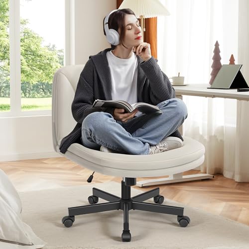 FelixKing Criss Cross Chair with Wheels, Cross Legged Office Chair, Armless Wide Vanity Desk Chair with Comfty PU Leather & Back - Swivel Height Ajustable for Home Office Bedroom, Pearl Whit