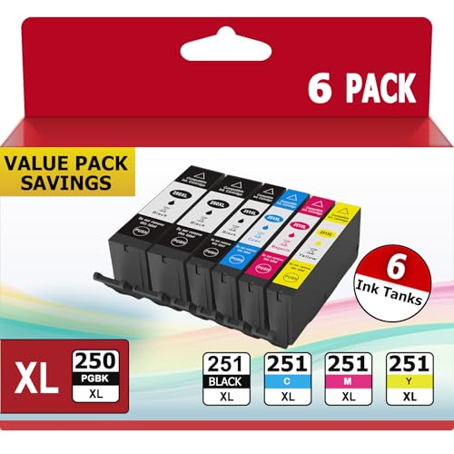 USEHOTI PGI-250XL CLI-251XL Compatible for Canon 250 and 251 Ink Cartridges Work with Canon PIXMA MX922 MX920 IX6820 MG5520 MG7520 IP8720 MG6620 (2PGBK 1Black 1Cyan1 Magenta 1Yellow, 6XL Pack)