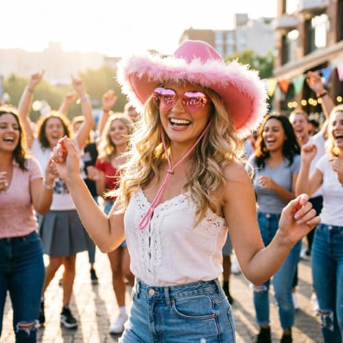 Image of DRESHOW Cowboy Hat for Women and Men Wide Brim Western Cowboy Cowgirl Hat with Belt Buckle Unisex Rolled up Caps