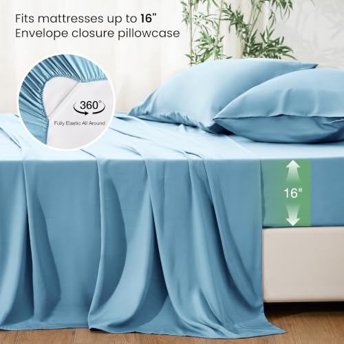 Image of Love's cabin 4 Piece California King Size Sheet Set, 100% Rayon Derived from Bamboo, Cooling & Breathable, Soft Silky Deep Pocket up to 16 inch, Hotel Luxury Bedding for Hot Sleepers, Light Blue