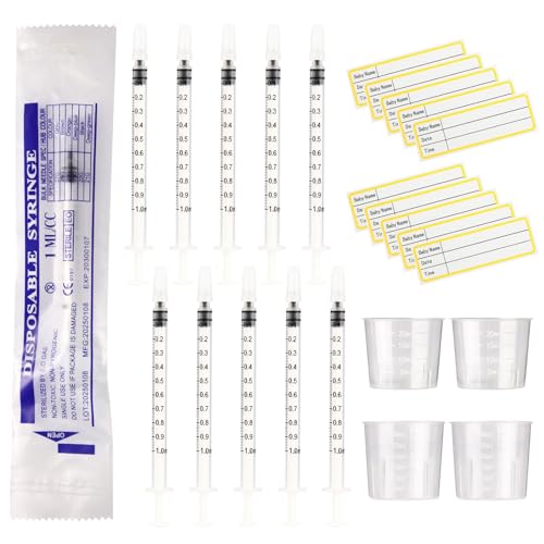 Sandiyago - 30 Stück 1 ml Spritzen mit Kappen, Kolostrumspritze ohne Nadel, 20 ml, 30 ml Messbecher und 30 Aufkleber, zum Nachfüllen und Messen von Flüssigkeiten, wissenschaftliche Labors, Pflanzenbewässerung - -13%