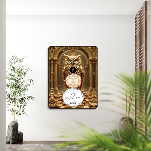 Image of SAF Golden Owl Wall Art Black Framed Sparkle Laminated Poster with Wealth & Success Sigil Design | Vastu Owl Painting for Home Office Decor Positive Energy (14 Inch x 11 Inch) K-36106