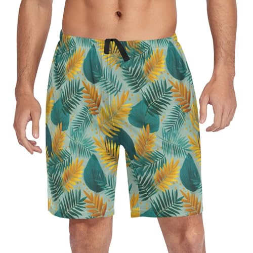 Men's Pajama Shorts Palm Leaves Print Sleep Shorts for Men Pj Bottom Lounge Pants with Pockets