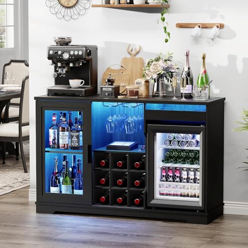 BROTTAR Meuble Bar à café avec réfrigérateur (Inclus), Grand Bar à Alcool avec lumières LED, Porte-Verres et casier à vin, Meuble à vin avec détecteur...
