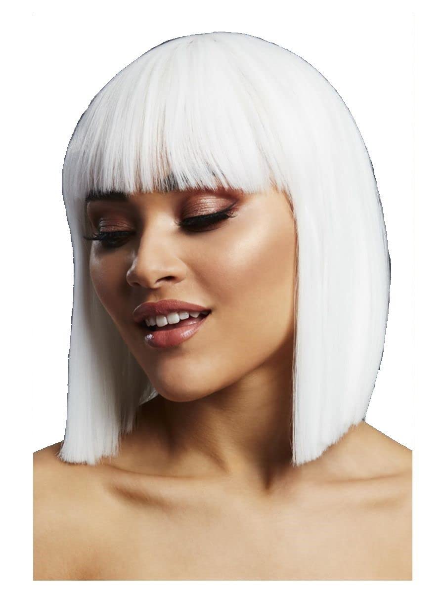 Smiffys Fever Lola Wig, White Blunt Cut Bob with Fringe, 30cm/ 12in, Fever Wigs Fancy Dress, Fever Dress Up Wigs