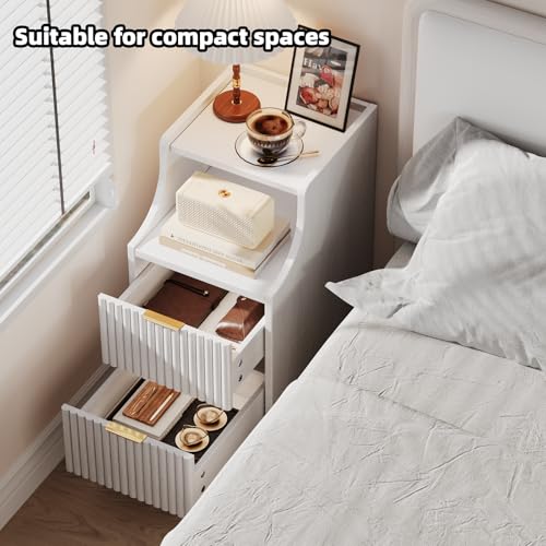 Image of Narrow Nightstand Set of 2,11.8 inch Fluted Bedside Table Set of 2, Slim Side End Table with 2 Drawers, Wooden Bedside Table, White Wood Night Stand for Bedroom Livingroom Sofa Office