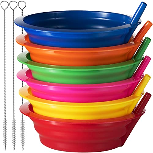 Image of Cereal Bowls with Straws for Kids - (Set of 6 - 20-Ounce Bowls) BPA-Free Plastic Reusable Built-In Straw Bowl for Kids, Children & Toddlers, Dishwasher and Microwave Safe, Includes 3 Cleaning Brushes