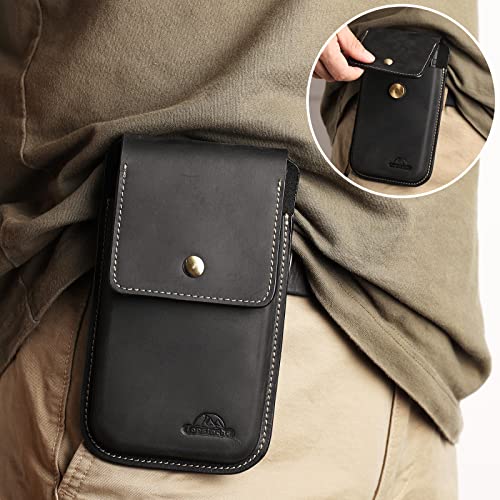 Image of Topstache Leather Cell Phone Holster for iPhone 17 /16 /15 Pro Max & Plus - Magnetic Closure Cell Phone Case with Belt Clip - Leather Belt Pouch for Galaxy S25 /S24 /S23 Ultra & Plus, XL,Black