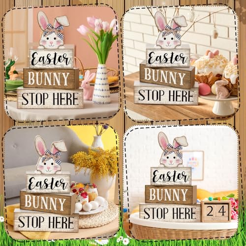 Image of Moucuny 4 Pcs Easter Bunny Table Decoration Stacked Wooden Bunny Block Decor 3-tier Tabletop Sign with 3D Rabbit, Rustic Farmhouse Easter Decorations for Home Egg Hunt Party Centerpiece Gift