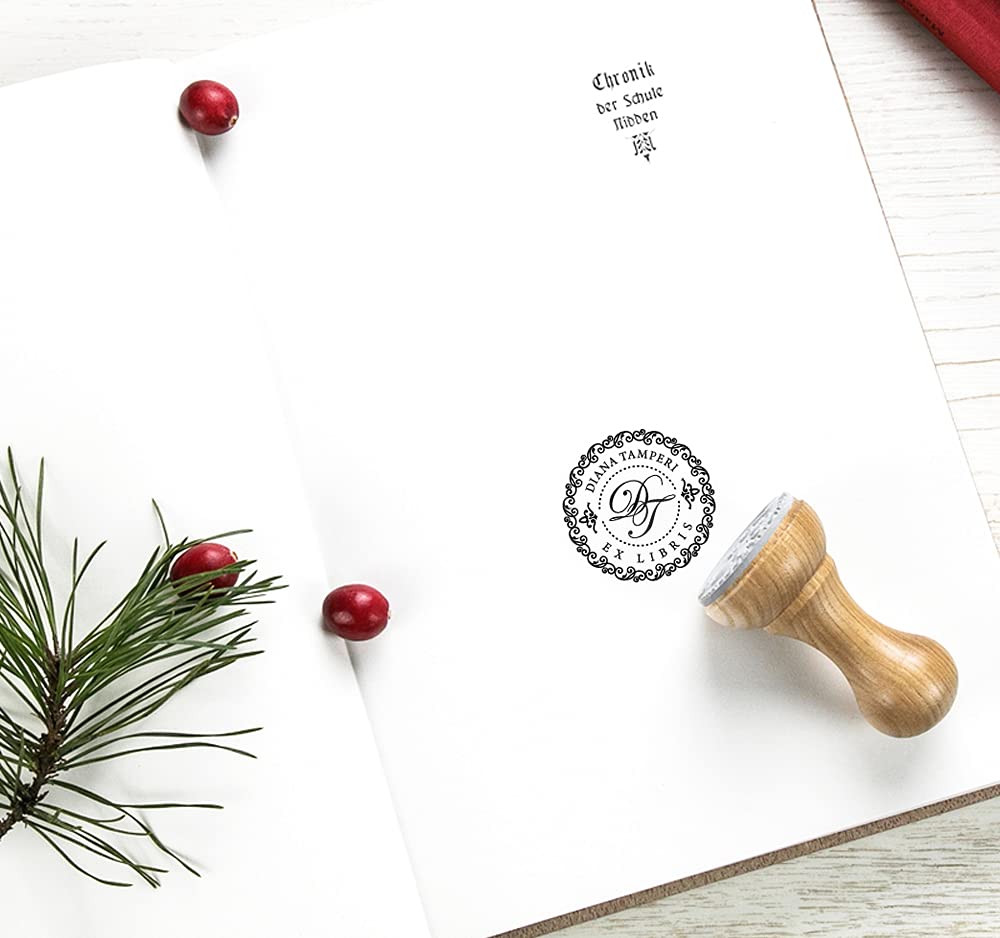 Iniciales Nombre Sello Ex libris Personalizado, 2 Letras Borde Decorativo Elegante Monograma, Hecho a Mano Regalo Amante de Libros en Caja Especial