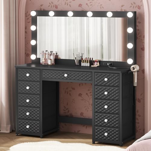 HAUOMS Vanity with Extra Large Mirror and Lights, Makeup Vanity with Power Strip, 45.3” Vanity Desk with Storage, Dressing Table with 3 Color Modes, Adjustable Brightnessfor Girls, Women (Black)