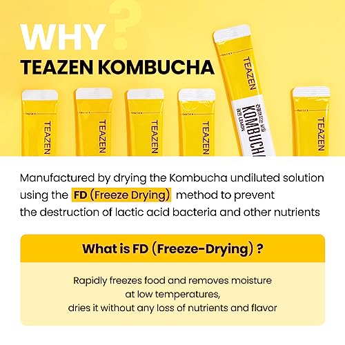 Teazen Kombucha Tea, Zero Sugar, Sparkling Fermented Powdered Mix Beverage From Korea, Live Probiotics & Prebiotics, 30 Sticks, 5.29Oz (Lemon) #TOP4
