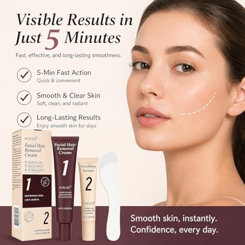 Image of Gentle Facial Hair Removal Kit for Women - 5 Min Painless Upper Lip & Chin Hair Remover - 1.69 + 0.51 FL Oz Depilatory & Soothing Cream - Safe for Sensitive Skin, Long-Lasting Smoothness